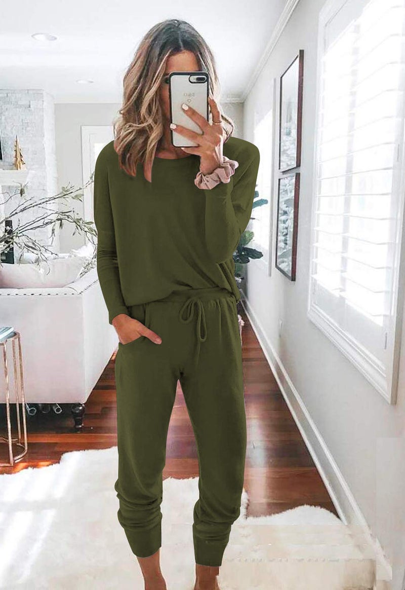 Fixmatti Long Sweatsuits for Women 2 Piece Casual Outfit Pant Set Gym Army Green L - Image 2